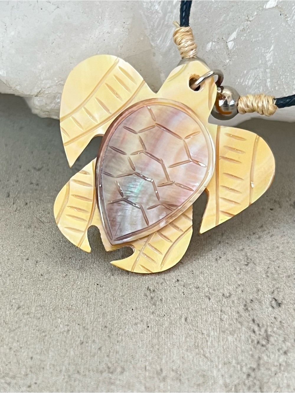 Genuine Carved Mother of Pearl Shell Sea Turtle Necklace Light Color Variety 20"